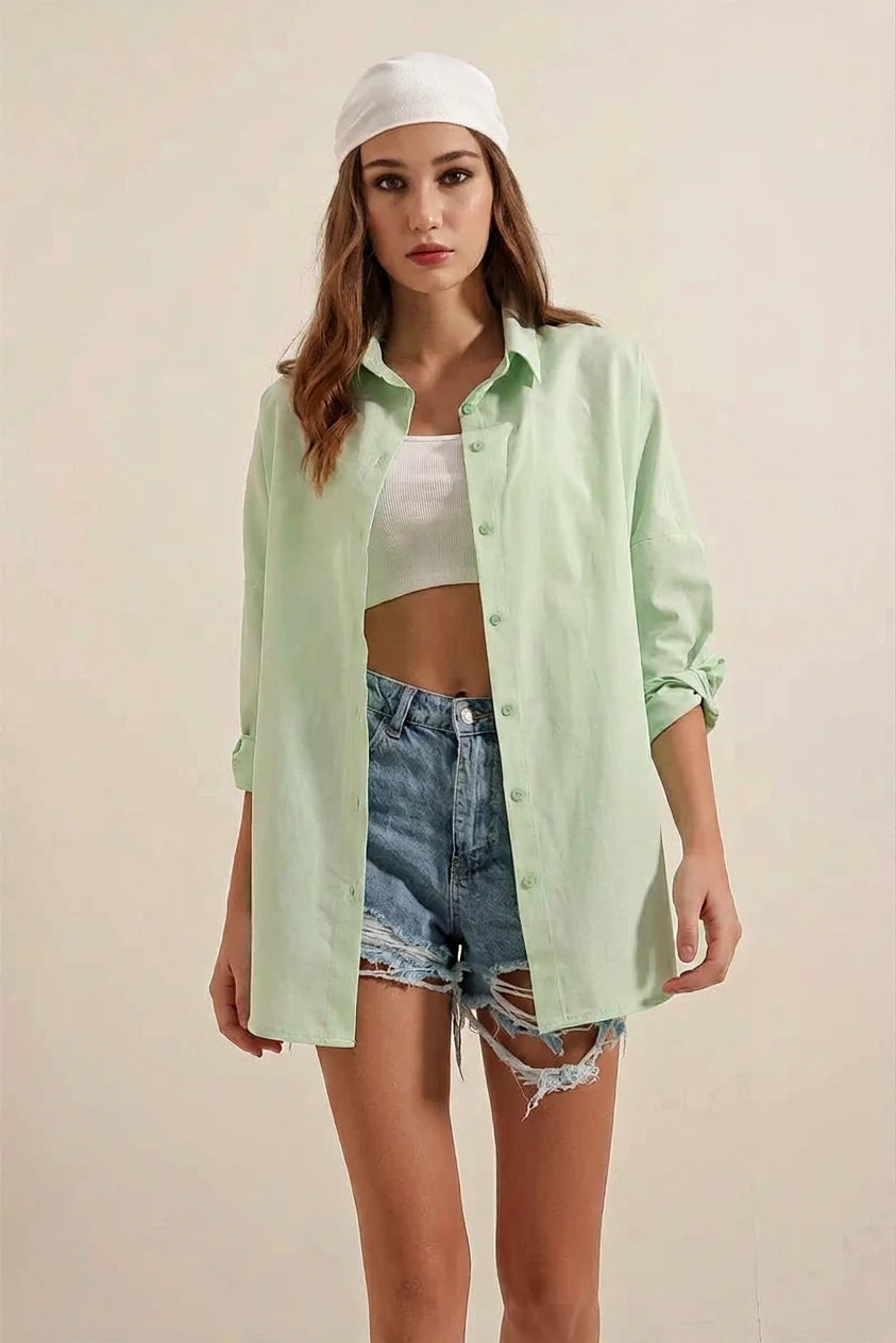 Kadın Uzun Kol Basic Oversize Pamuklu Çağla Yeşili Gömlek