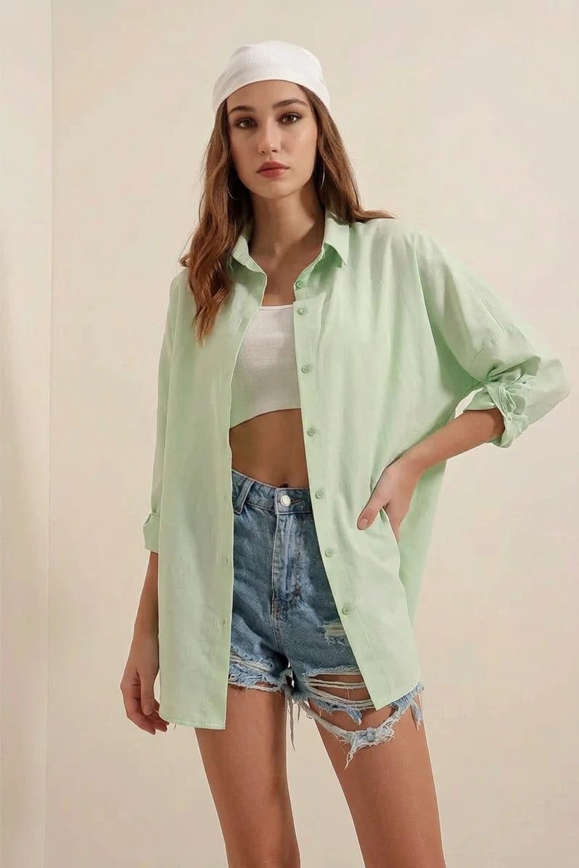 Kadın Uzun Kol Basic Oversize Pamuklu Çağla Yeşili Gömlek
