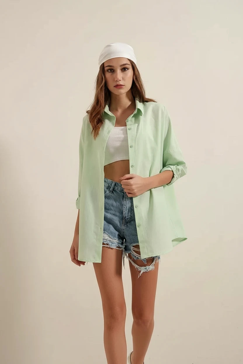 Kadın Uzun Kol Basic Oversize Pamuklu Çağla Yeşili Gömlek