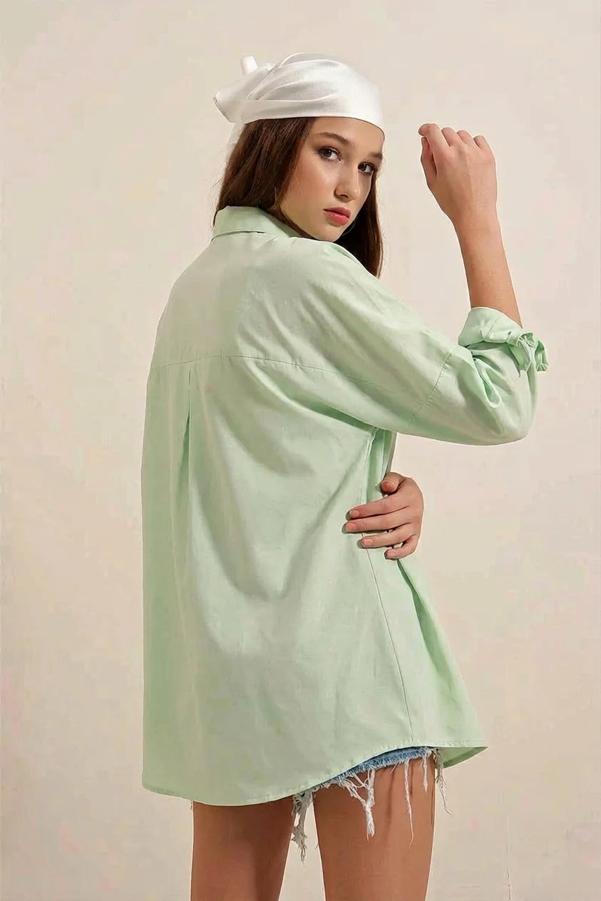 Kadın Uzun Kol Basic Oversize Pamuklu Çağla Yeşili Gömlek