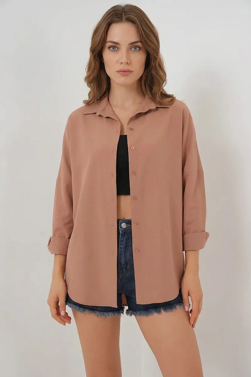 Kadın Oversize Kesim Basic Pamuklu Camel Gömlek
