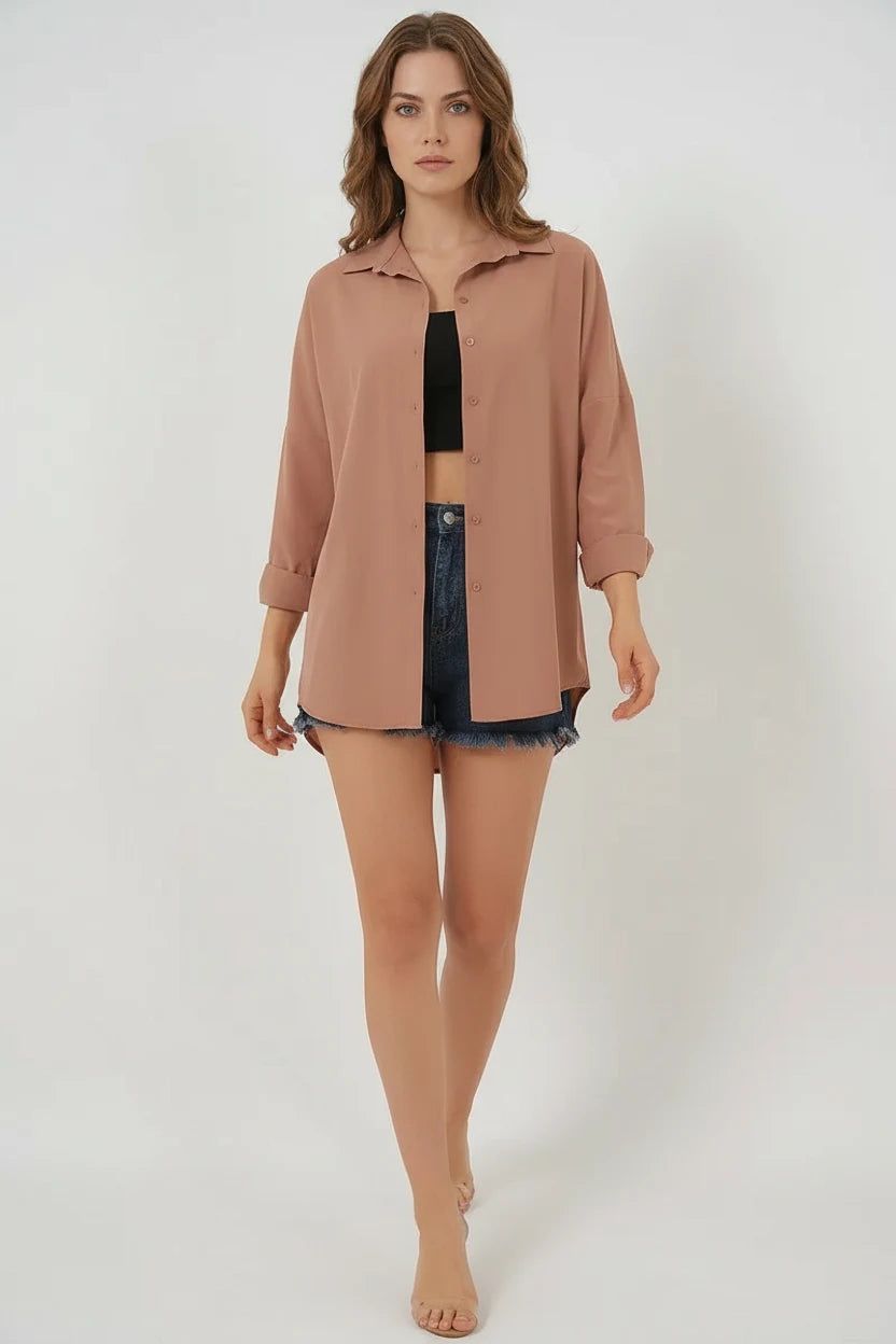 Kadın Oversize Kesim Basic Pamuklu Camel Gömlek