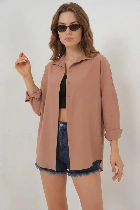 Kadın Oversize Kesim Basic Pamuklu Camel Gömlek