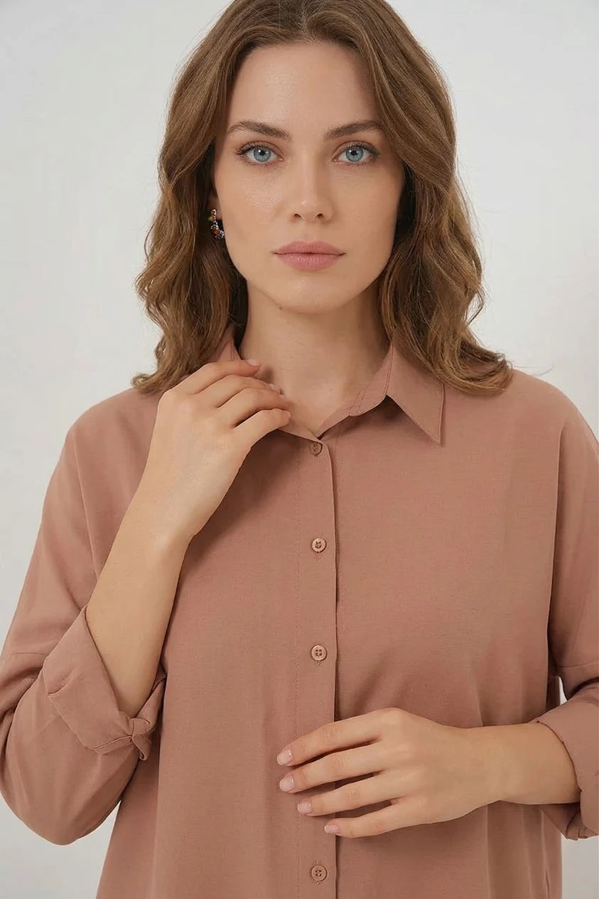 Kadın Oversize Kesim Basic Pamuklu Camel Gömlek