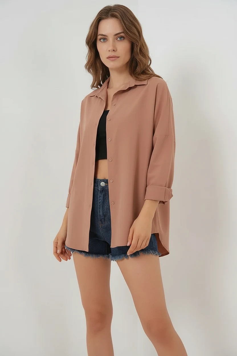 Kadın Oversize Kesim Basic Pamuklu Camel Gömlek