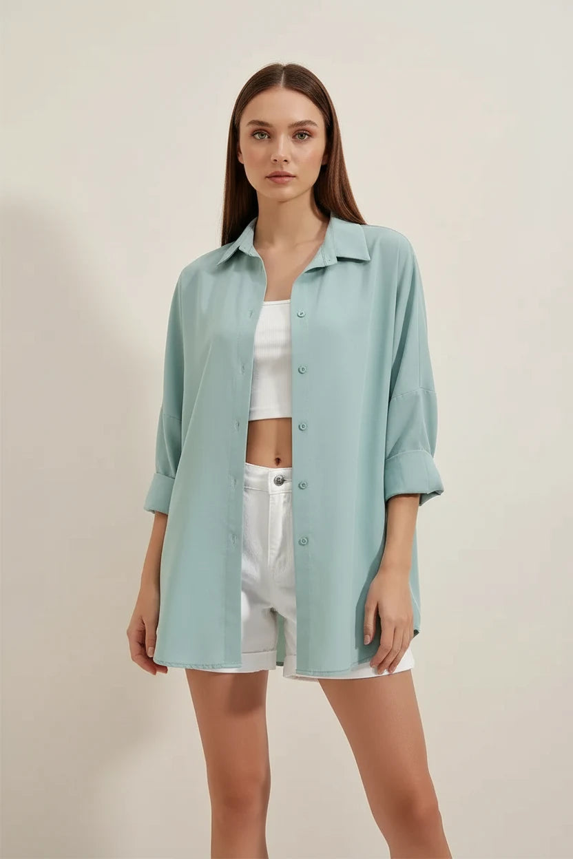Kadın Oversize Basic Pamuklu Su Yeşili Gömlek