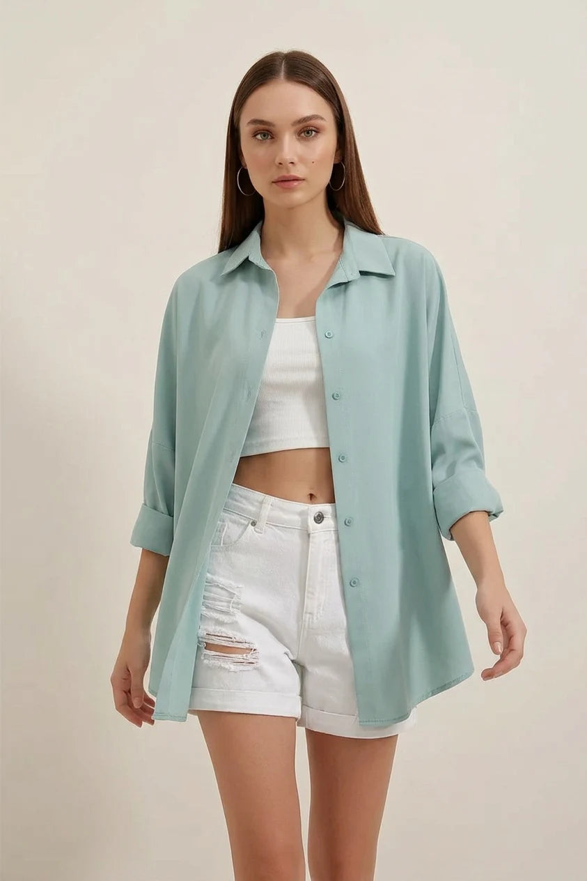Kadın Oversize Basic Pamuklu Su Yeşili Gömlek