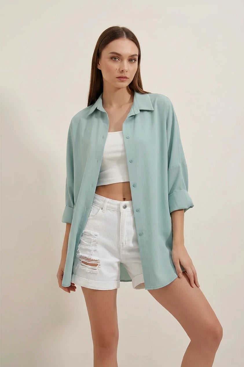 Kadın Oversize Basic Pamuklu Su Yeşili Gömlek