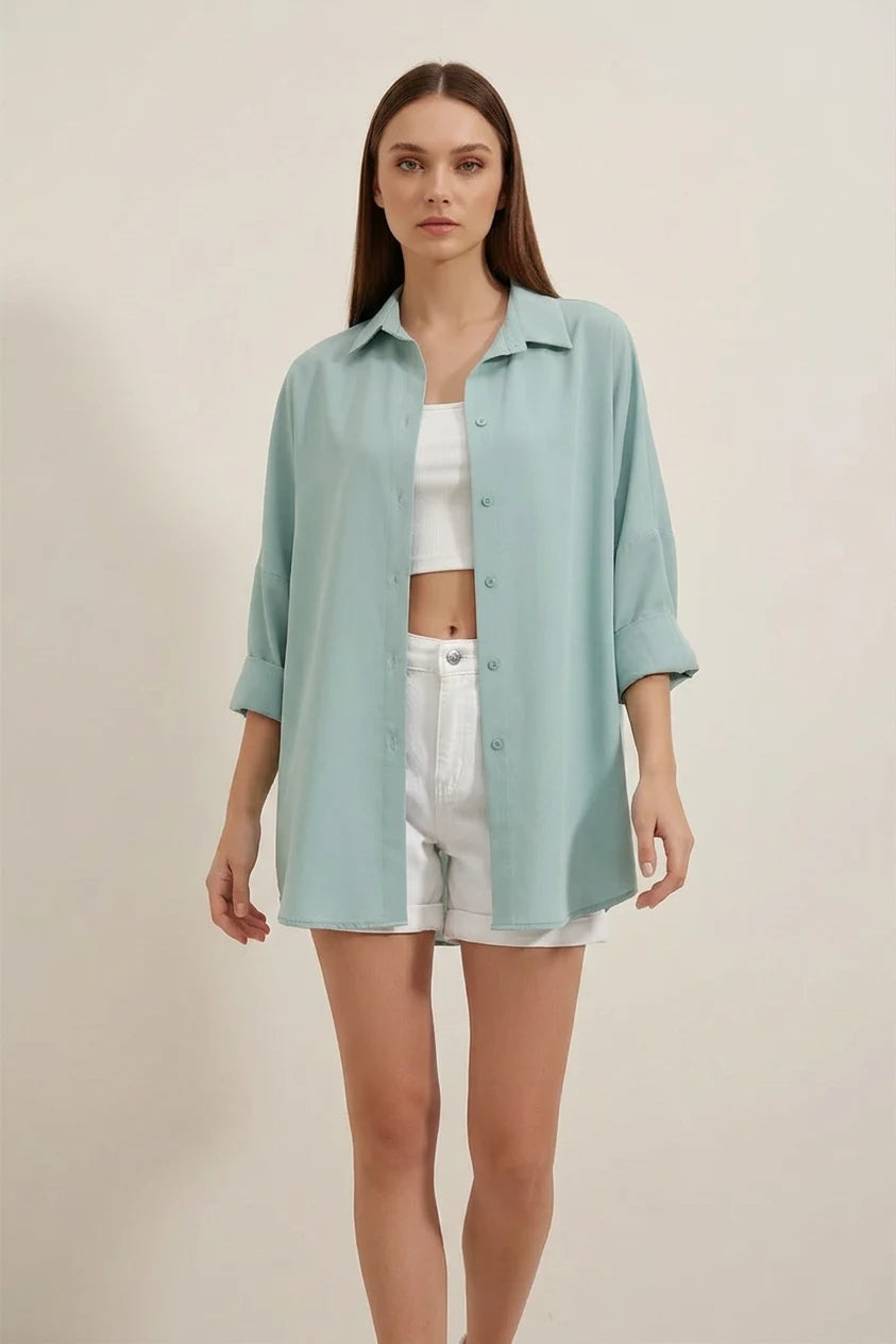 Kadın Oversize Basic Pamuklu Su Yeşili Gömlek