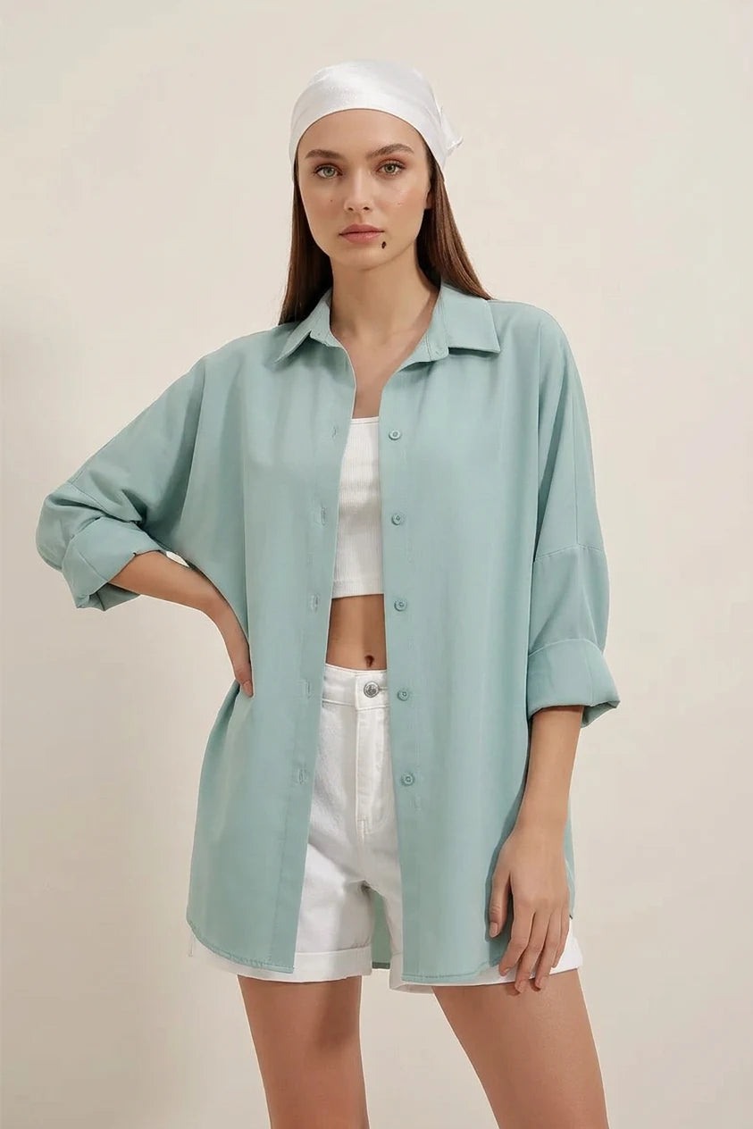 Kadın Oversize Basic Pamuklu Su Yeşili Gömlek