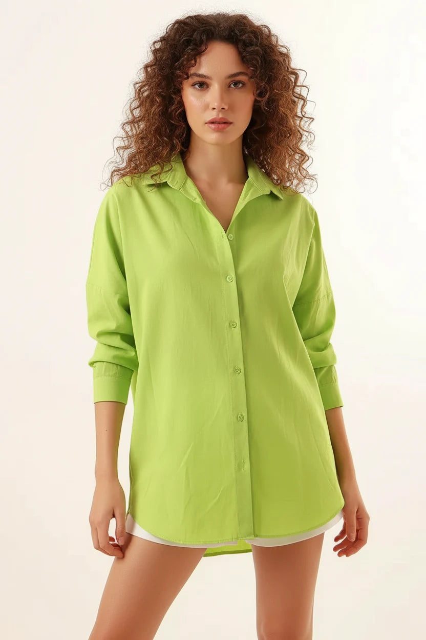 Kadın Oversize Kesim Basic Pamuklu Çağla Yeşili Gömlek