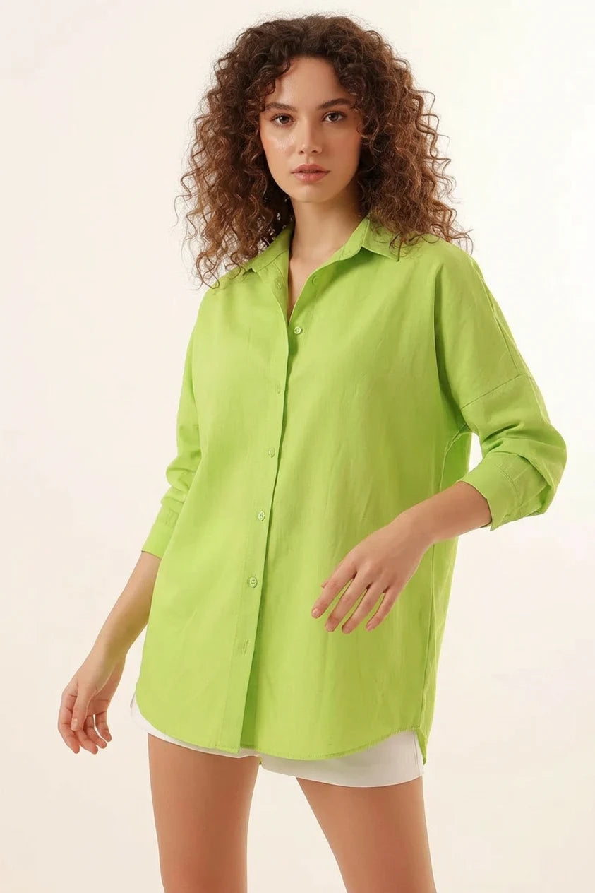 Kadın Oversize Kesim Basic Pamuklu Çağla Yeşili Gömlek