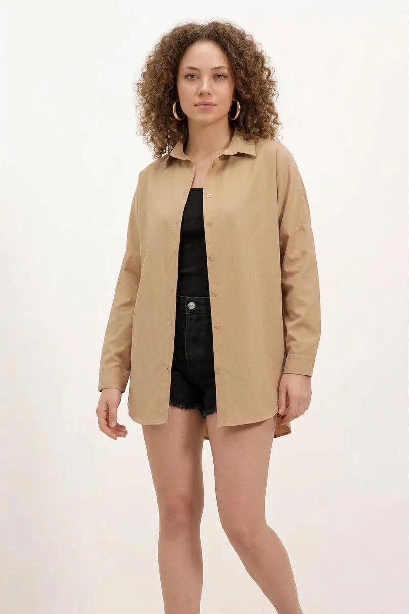 Kadın Basic Oversize Pamuklu Bisküvi Gömlek