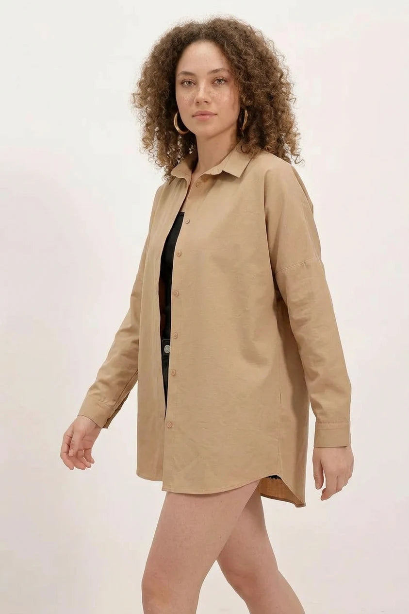 Kadın Basic Oversize Pamuklu Bisküvi Gömlek
