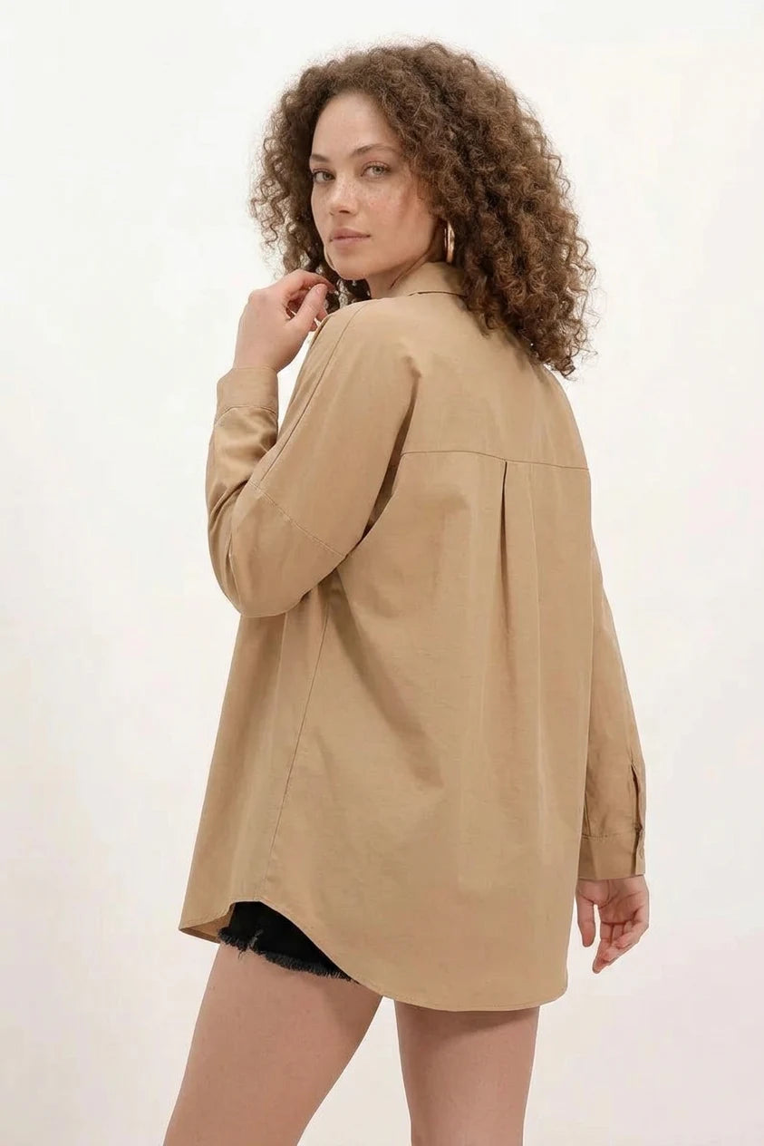 Kadın Basic Oversize Pamuklu Bisküvi Gömlek