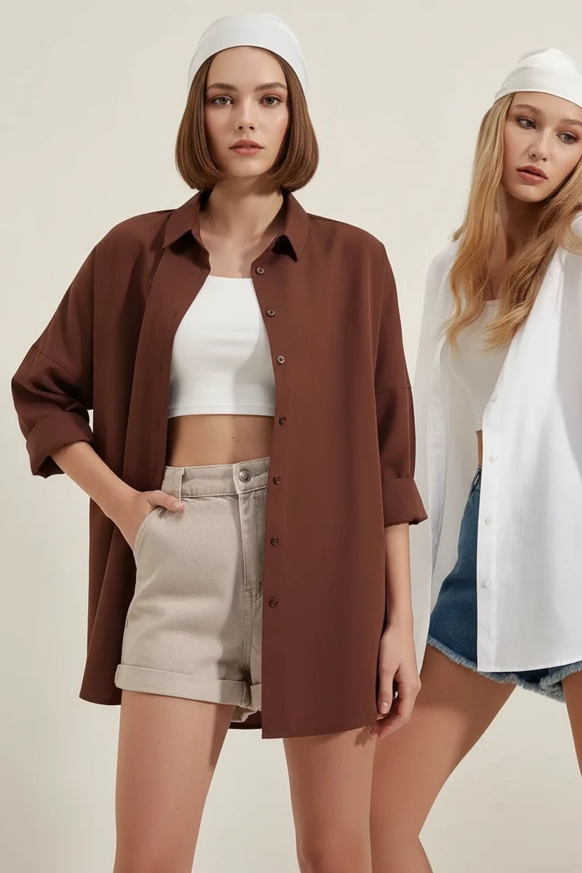 Kadın Oversize Kesim Basic Pamuklu Beyaz ve Kahve Gömlek