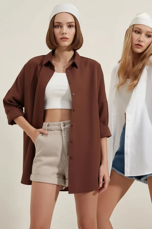 Kadın Oversize Kesim Basic Pamuklu Beyaz ve Kahve Gömlek