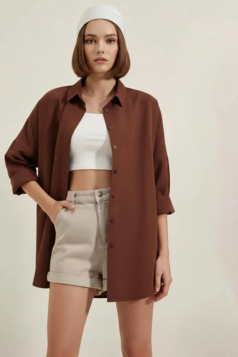 Kadın Oversize Kesim Basic Pamuklu Beyaz ve Kahve Gömlek