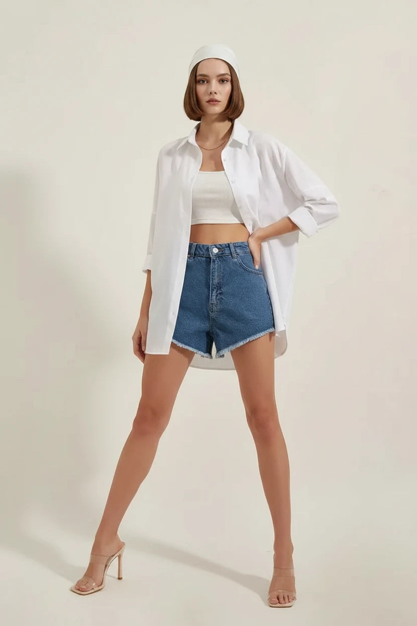 Kadın Oversize Kesim Basic Pamuklu Beyaz ve Kahve Gömlek