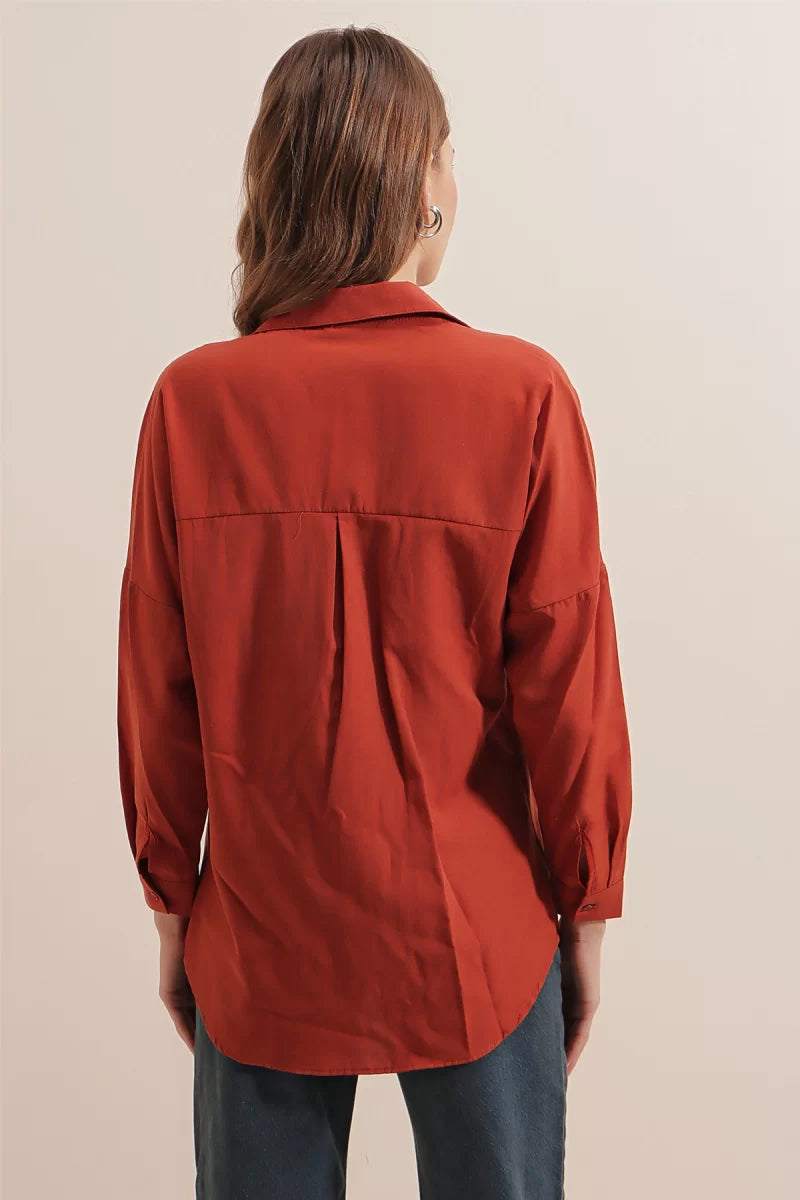 Kadın Oversize Basic Pamuklu Kiremit Gömlek