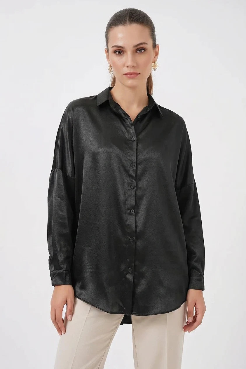 Kadın Oversize Saten Siyah Gömlek