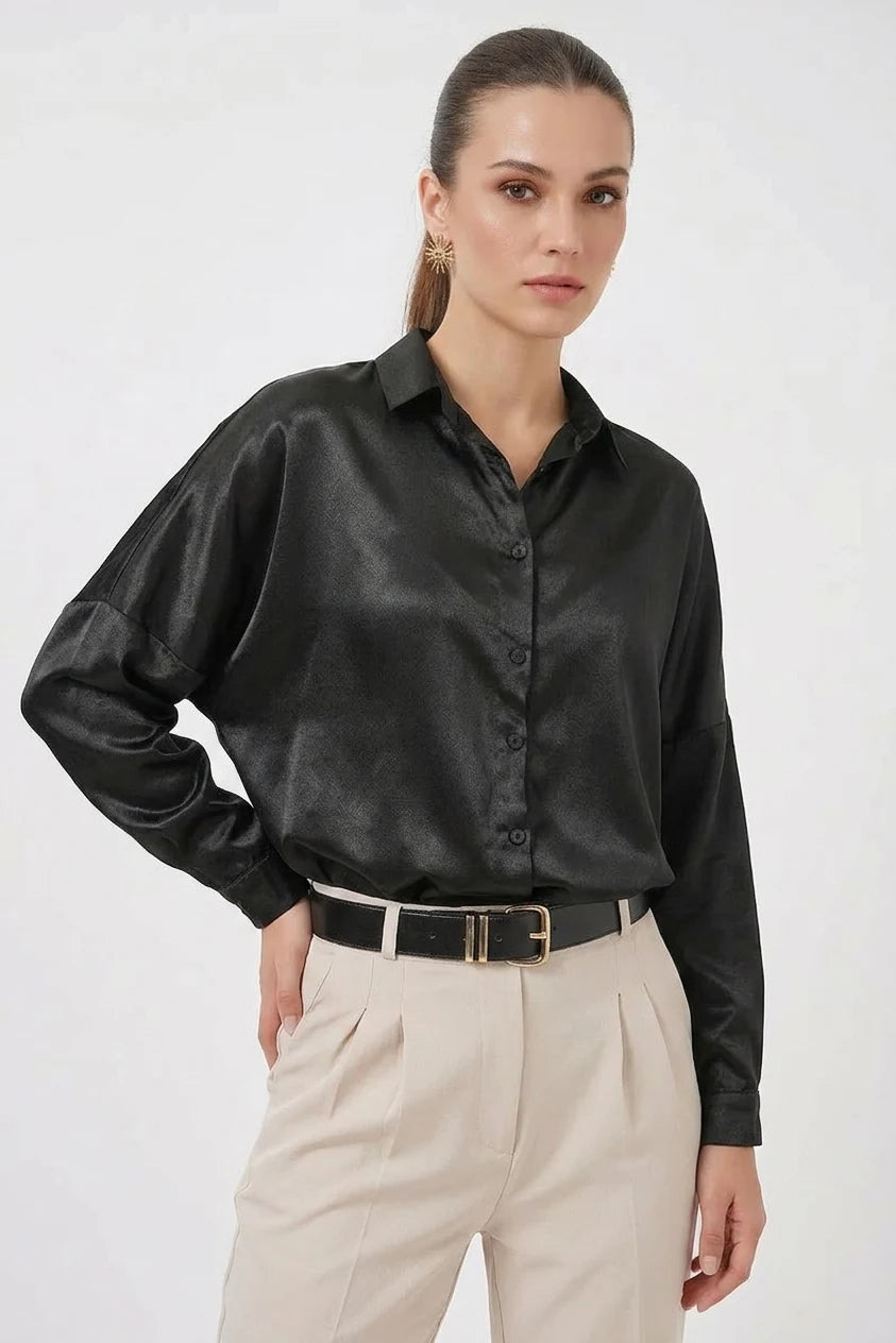 Kadın Oversize Saten Siyah Gömlek