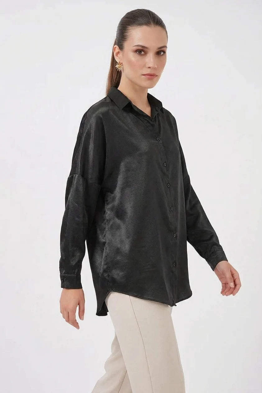 Kadın Oversize Saten Siyah Gömlek