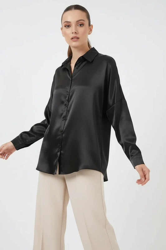 Kadın Oversize Saten Siyah Gömlek