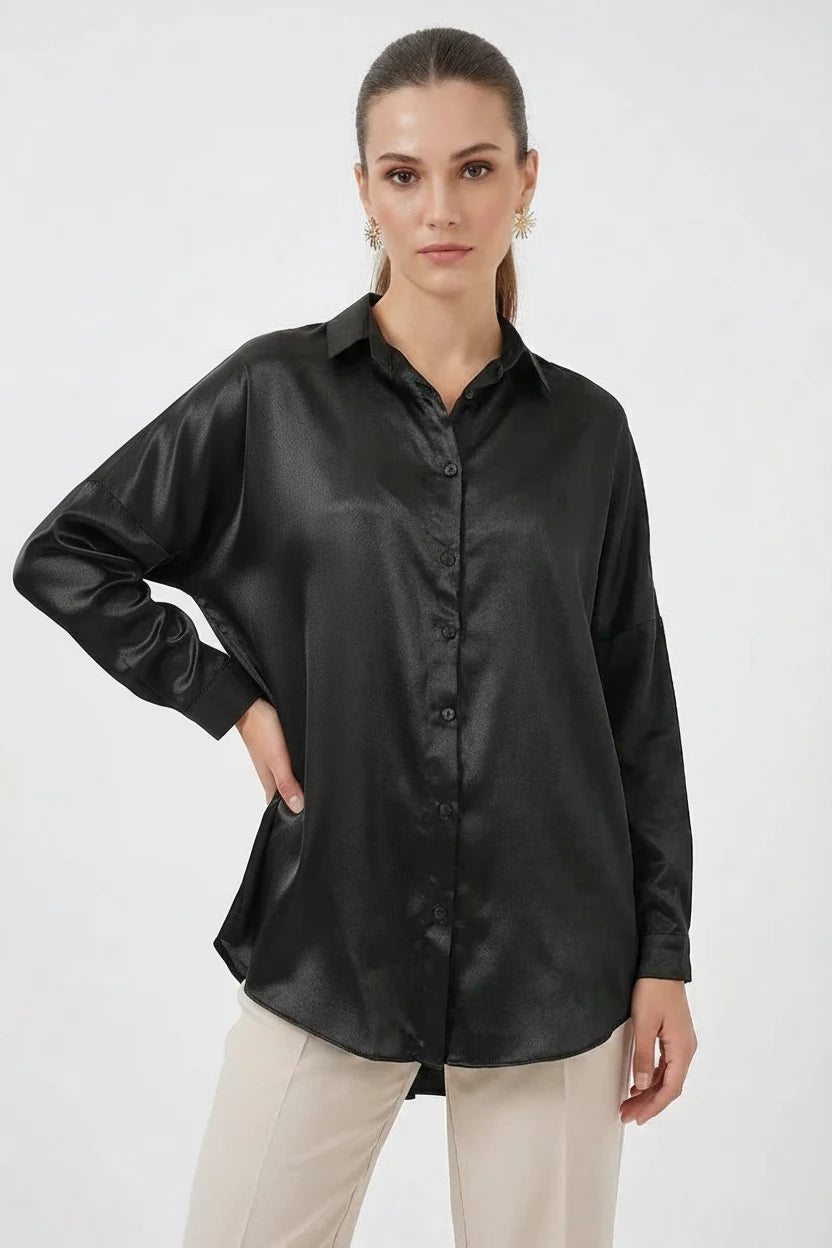 Kadın Oversize Saten Siyah Gömlek