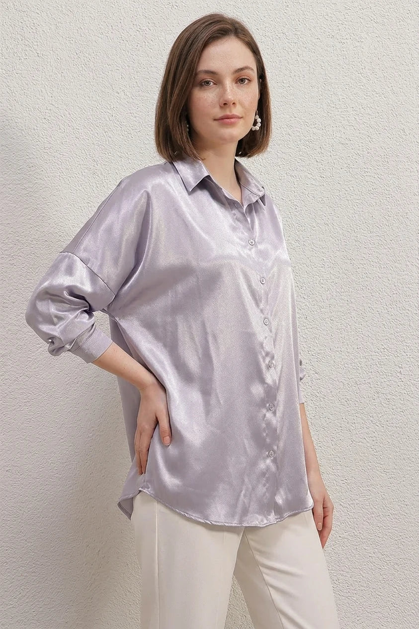 Kadın Oversize Kesim Saten Lila Gömlek