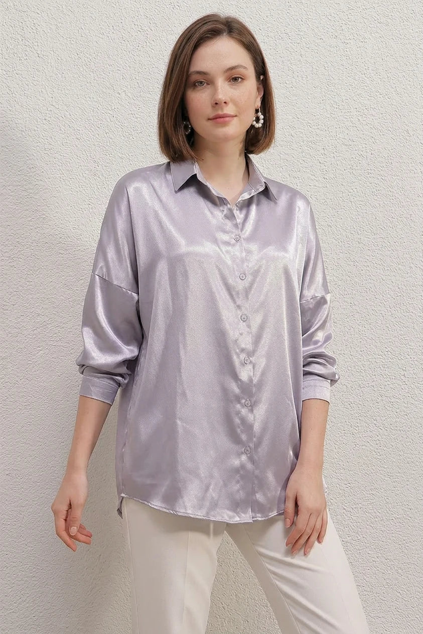 Kadın Oversize Kesim Saten Lila Gömlek
