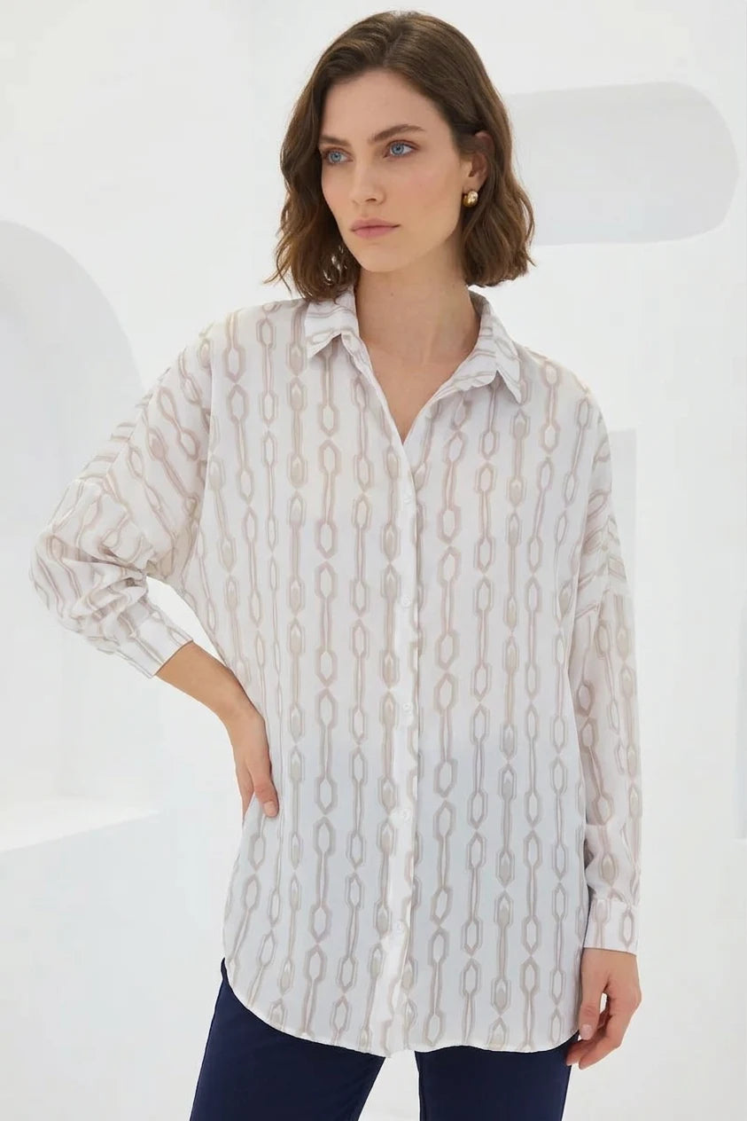 Kadın Oversize Desenli Saten Bej Beyaz Gömlek