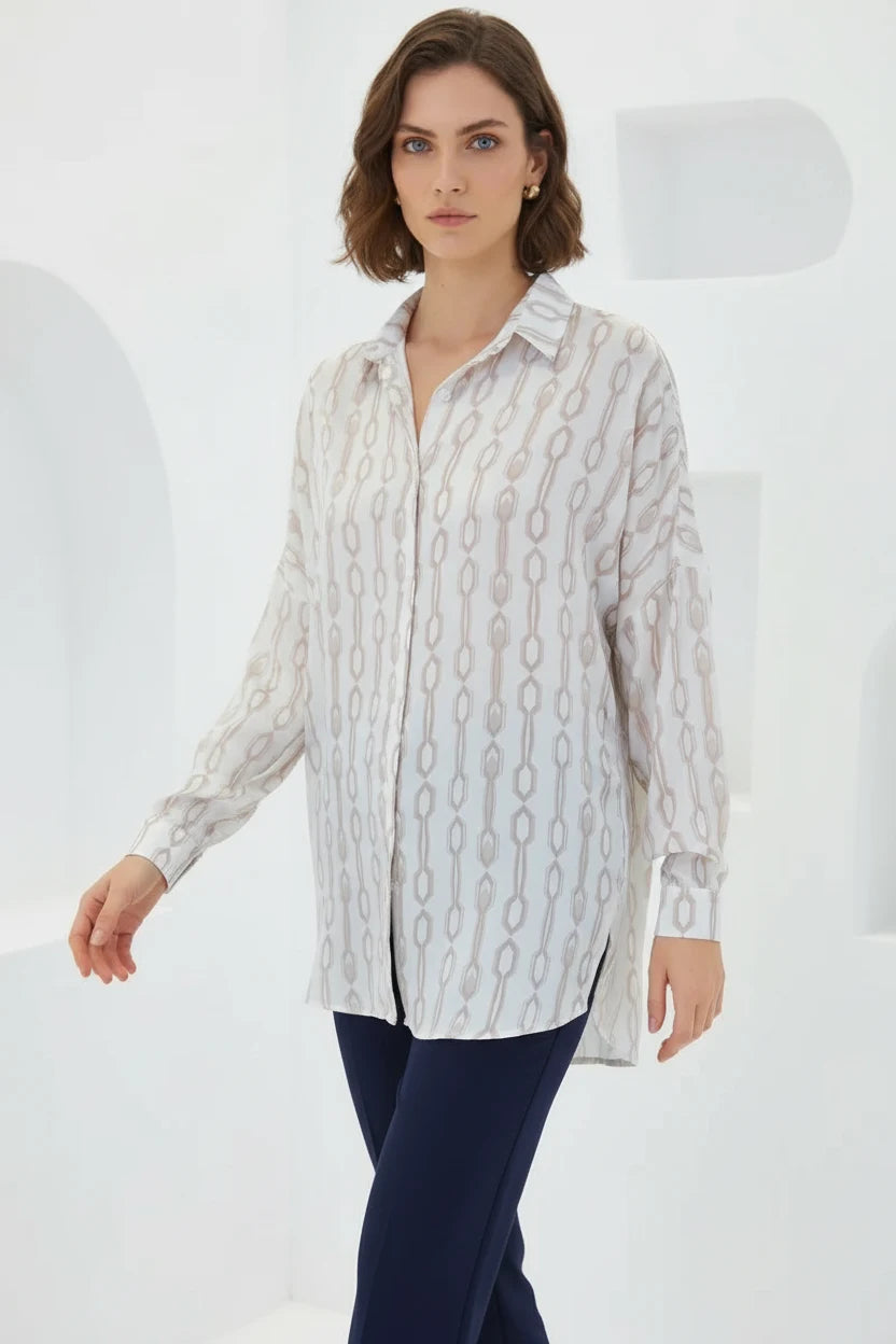 Kadın Oversize Desenli Saten Bej Beyaz Gömlek