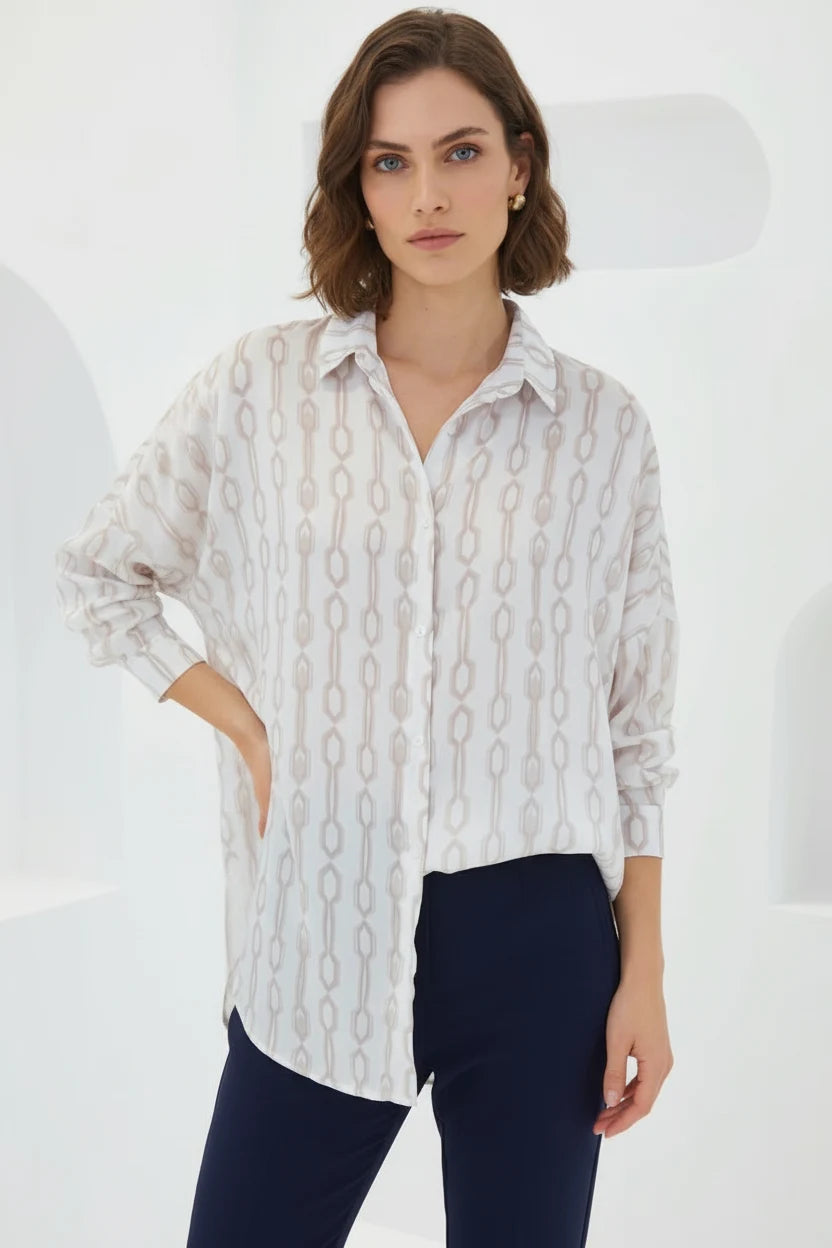 Kadın Oversize Desenli Saten Bej Beyaz Gömlek
