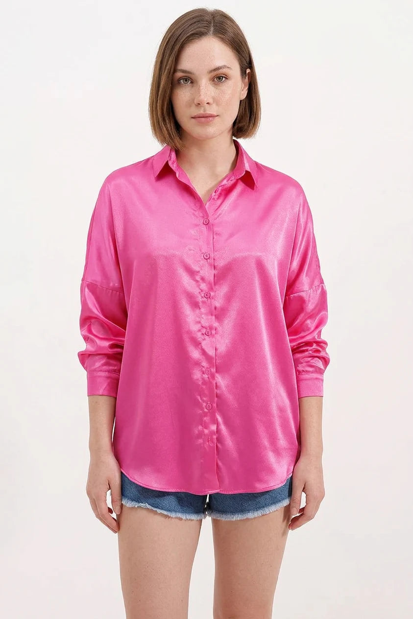 Kadın Oversize Kesim Saten Fuşya Gömlek