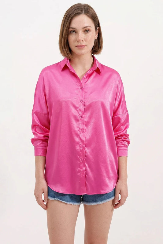 Kadın Oversize Kesim Saten Fuşya Gömlek