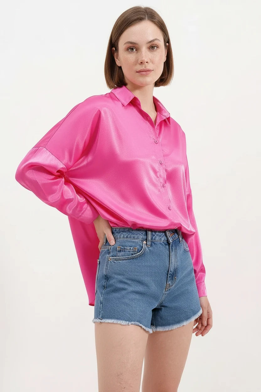 Kadın Oversize Kesim Saten Fuşya Gömlek