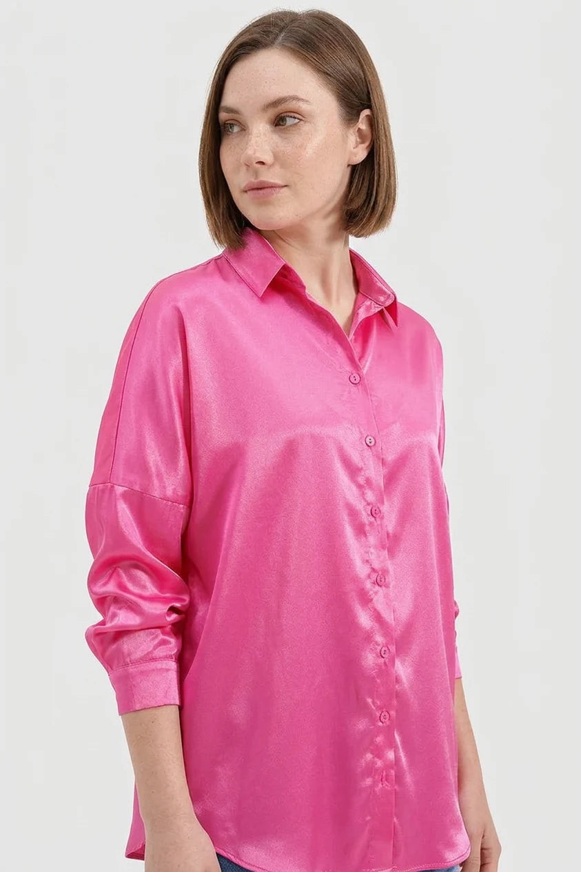 Kadın Oversize Kesim Saten Fuşya Gömlek