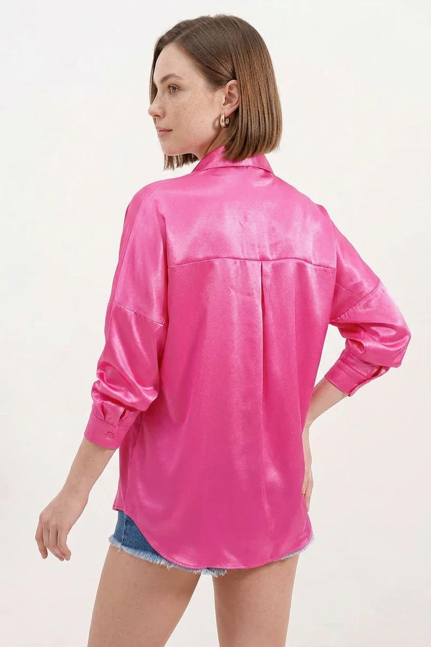 Kadın Oversize Kesim Saten Fuşya Gömlek