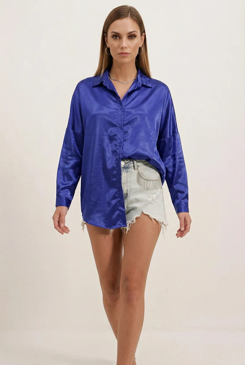 Kadın Oversize Saten Saks Gömlek