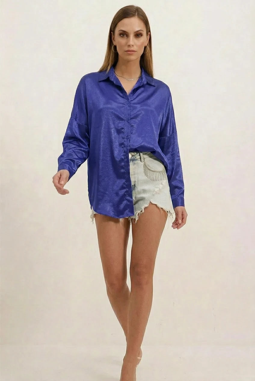 Kadın Oversize Saten Saks Gömlek