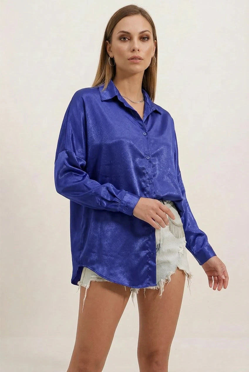 Kadın Oversize Saten Saks Gömlek