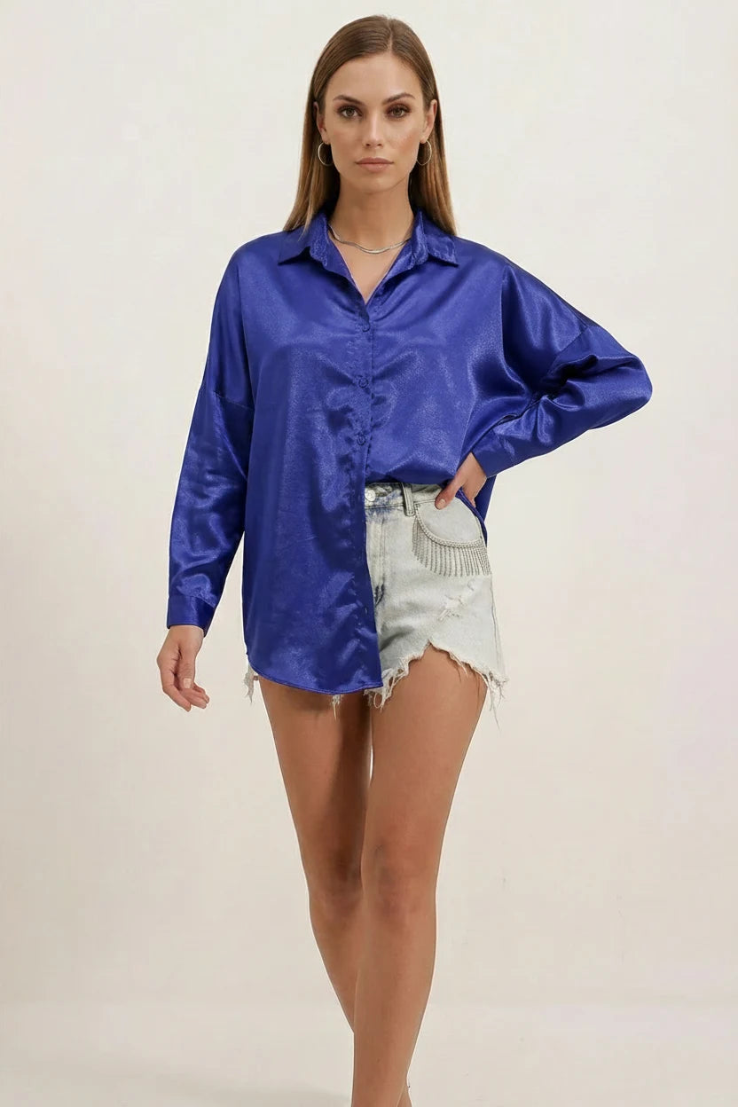 Kadın Oversize Saten Saks Gömlek