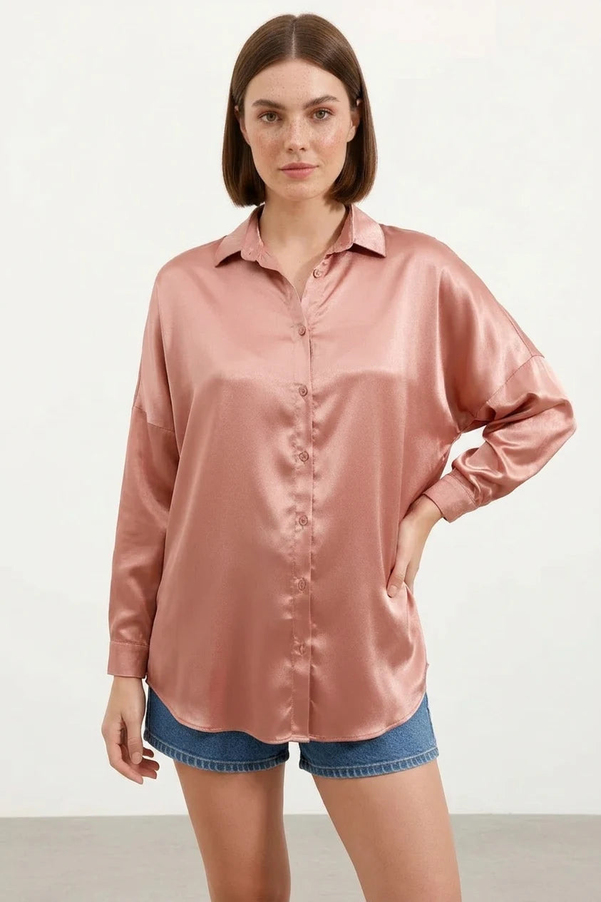 Kadın Oversize Kesim Saten Camel Gömlek