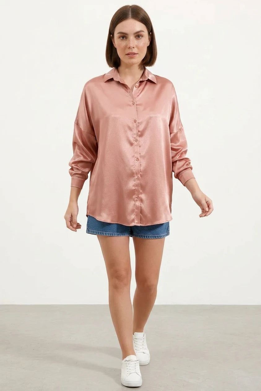 Kadın Oversize Kesim Saten Camel Gömlek