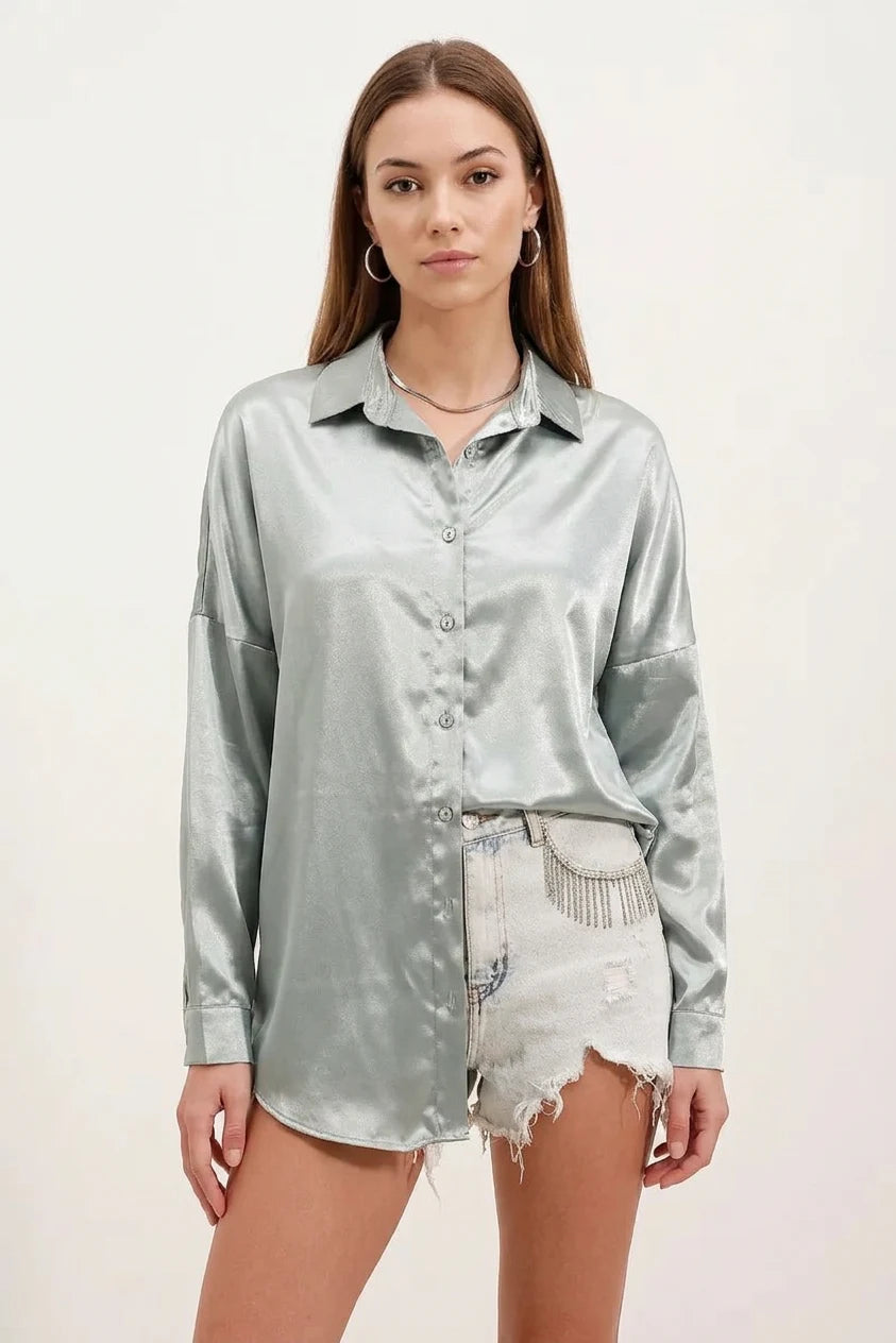 Kadın Oversize Kesim Saten Çağla Yeşili Gömlek