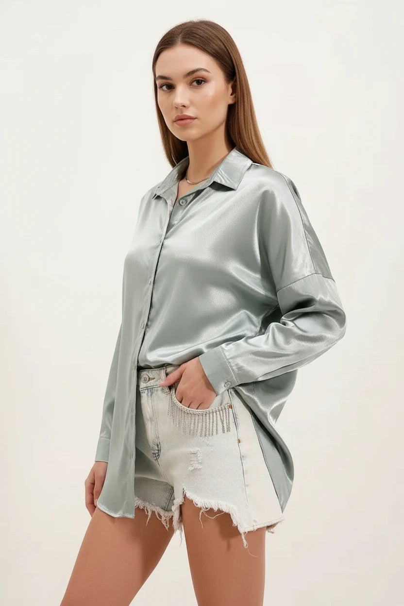 Kadın Oversize Kesim Saten Çağla Yeşili Gömlek