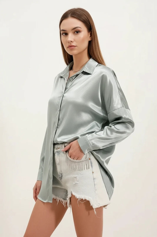 Kadın Oversize Kesim Saten Çağla Yeşili Gömlek