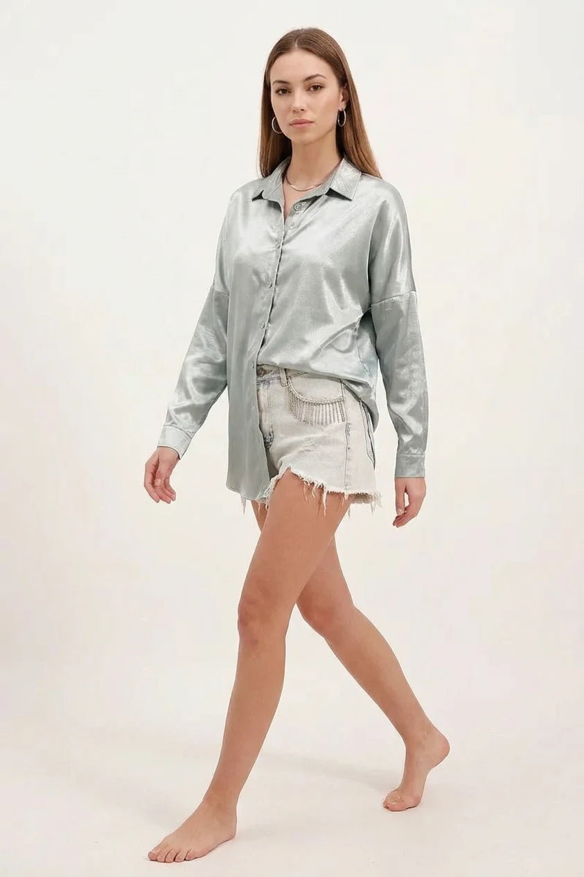 Kadın Oversize Kesim Saten Çağla Yeşili Gömlek
