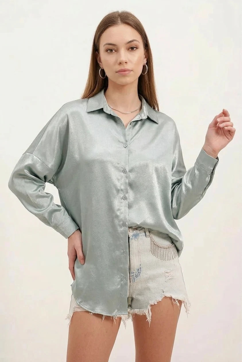 Kadın Oversize Kesim Saten Çağla Yeşili Gömlek